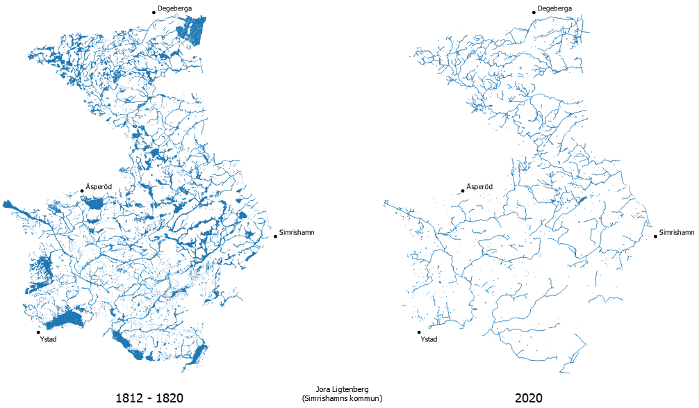 Bild på vattendragen år 1812 samt år 2020 där man kan se en stor skillnad.