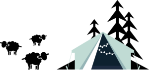 Illustration med glampingtält och får.